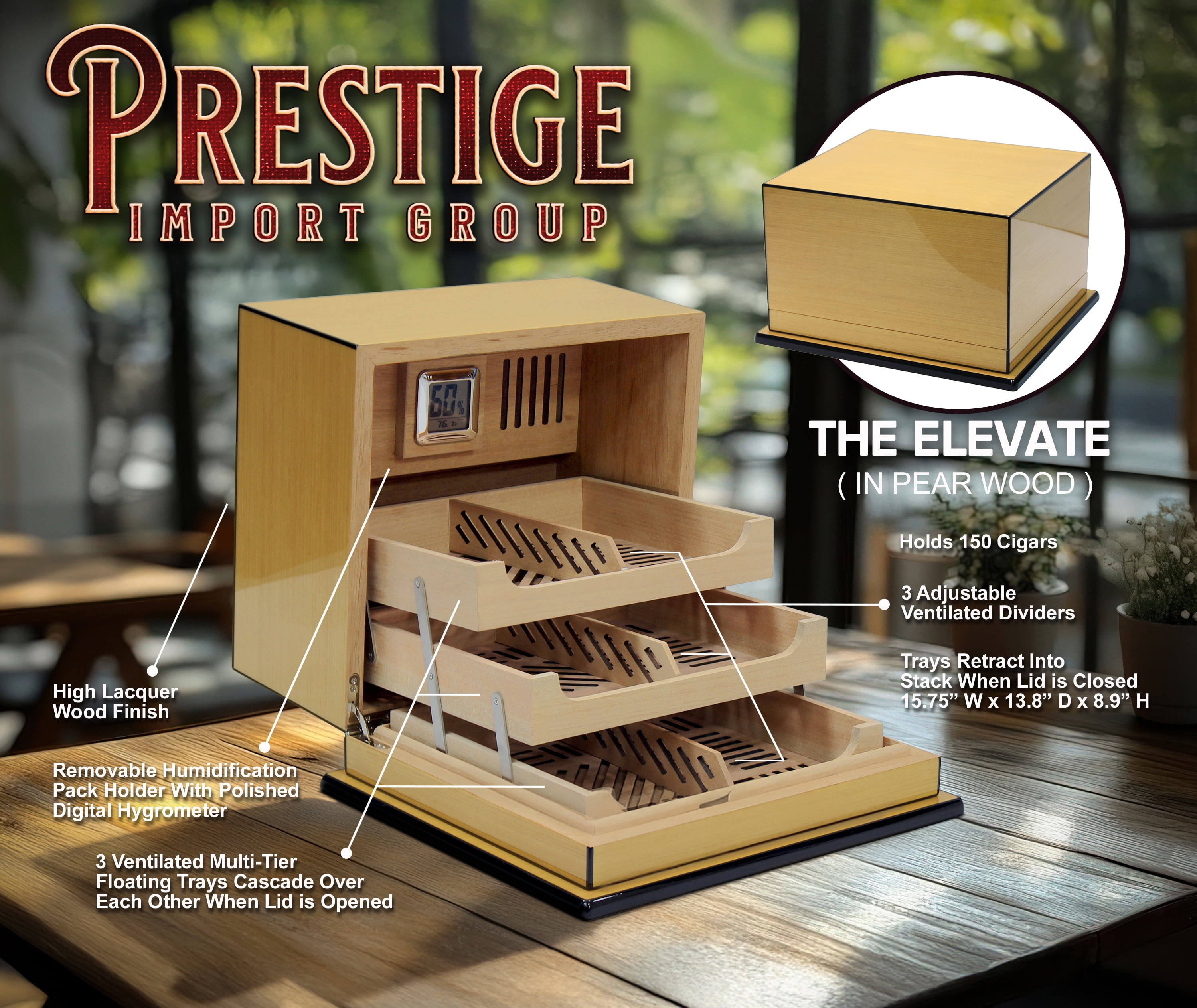 Prestige Import Group Elevate Lacquer Humidor w/ Articulating Multi-Tier Tray System - Capacity: Holds up to 150 Cigars - Pear Wood Finish