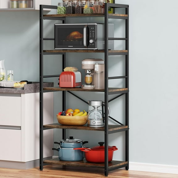 5-Tier Industrial Kitchen Storage Rack with Rustic Wood Shelves, Heavy Duty Microwave Stand and Baker's Rack Organizer for Coffee Bar Pantry,Rustic Brown