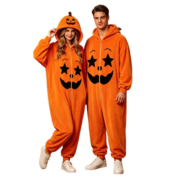 Curuila Halloween Adult Jumpsuit Fleece Hallowmas Pumpkin Hooded Pajamas For Women And Men Party Comfortable Loungewear Jumpsuit Size L