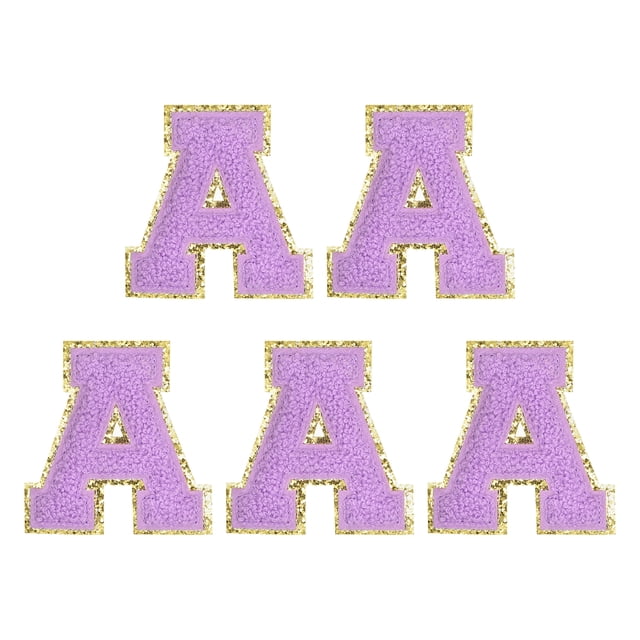 Parche bordado de letra A de Uxcell Chenille de 2.2" - Pegatinas de letras autoadhesivas para ropa (Morado, paquete de 5)