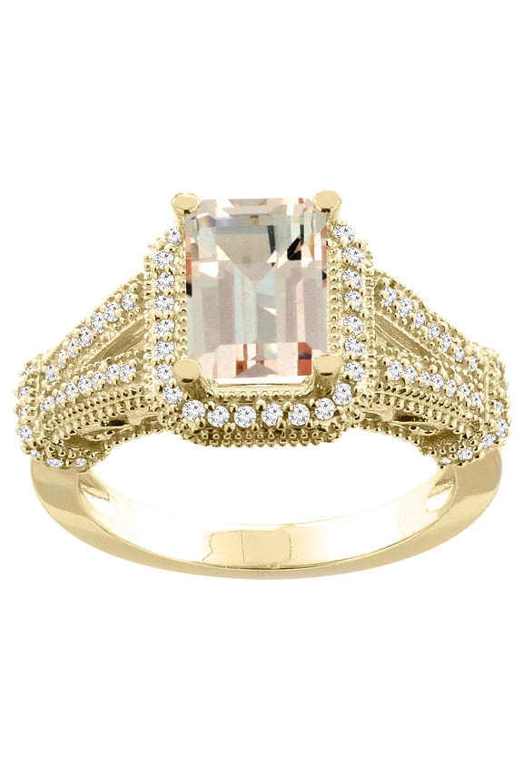 14K Yellow Gold Natural Morganite Ring Octagon 8x6mm Diamond Accent, size 9.5