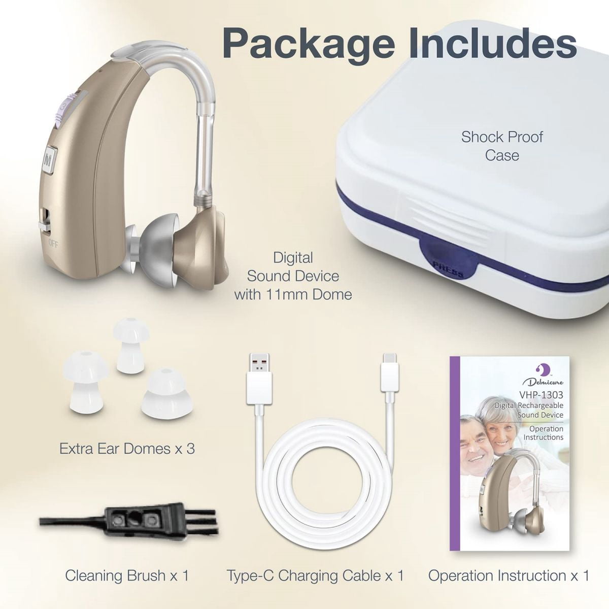 Delmicure Digital Hearing Aid for Seniors, Rechargeable, Single, VHP-1303, Gold