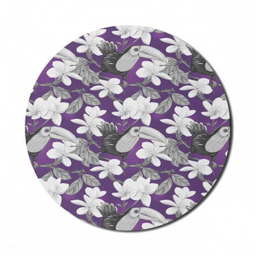 Floral Mouse Pad for Computers, Plumeria Flowers and Toucan Bird Hand Drawn Demonstration on Violescent Backdrop, Round Non-Slip Thick Rubber Modern Mousepad, 8" Round, Grey and White, by Ambesonne