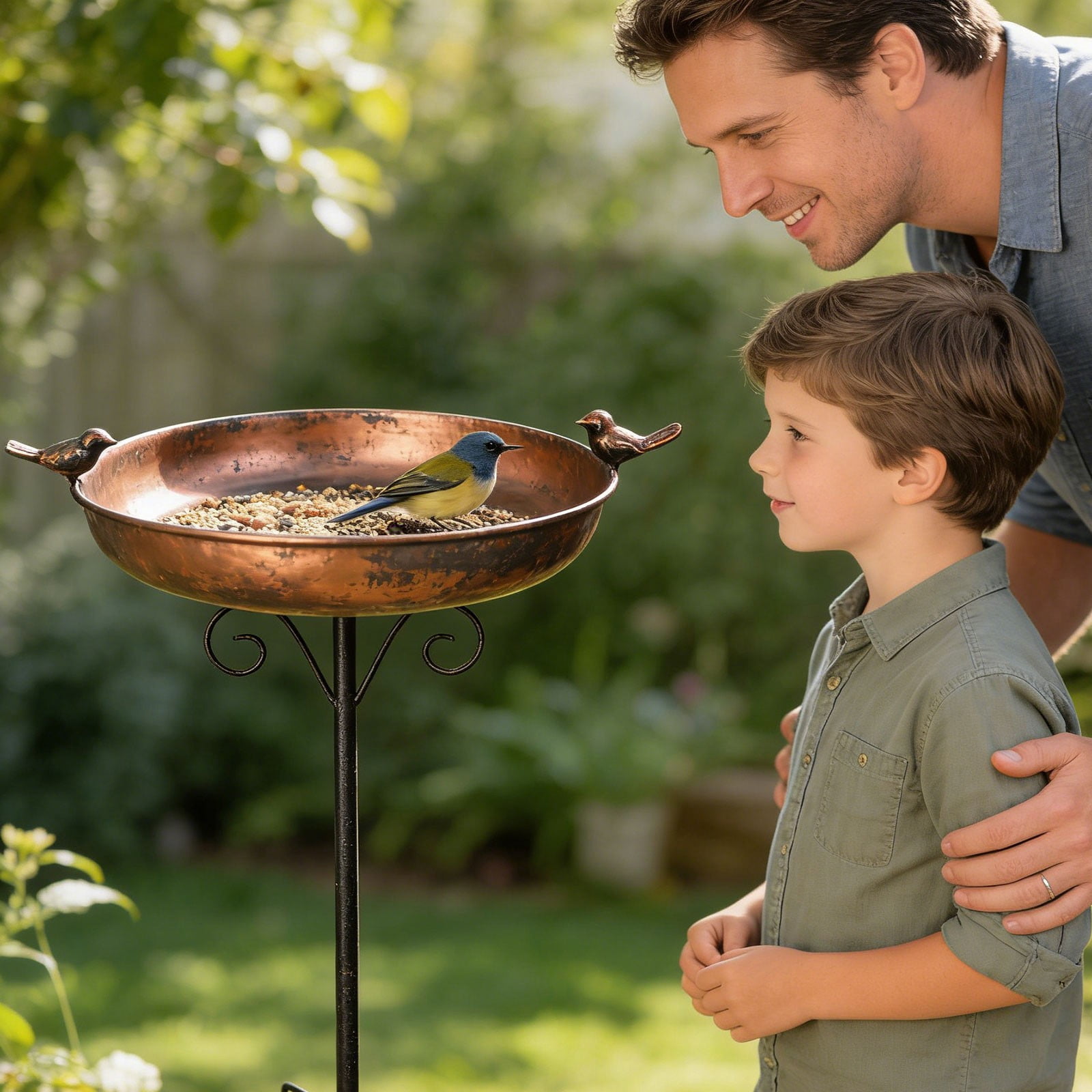38 Inch Tall Bird Bath with Stake, Vintage Copper Metal Bird Bath for Outside Metal Freestanding Birdbath for Garden Yard Patio
