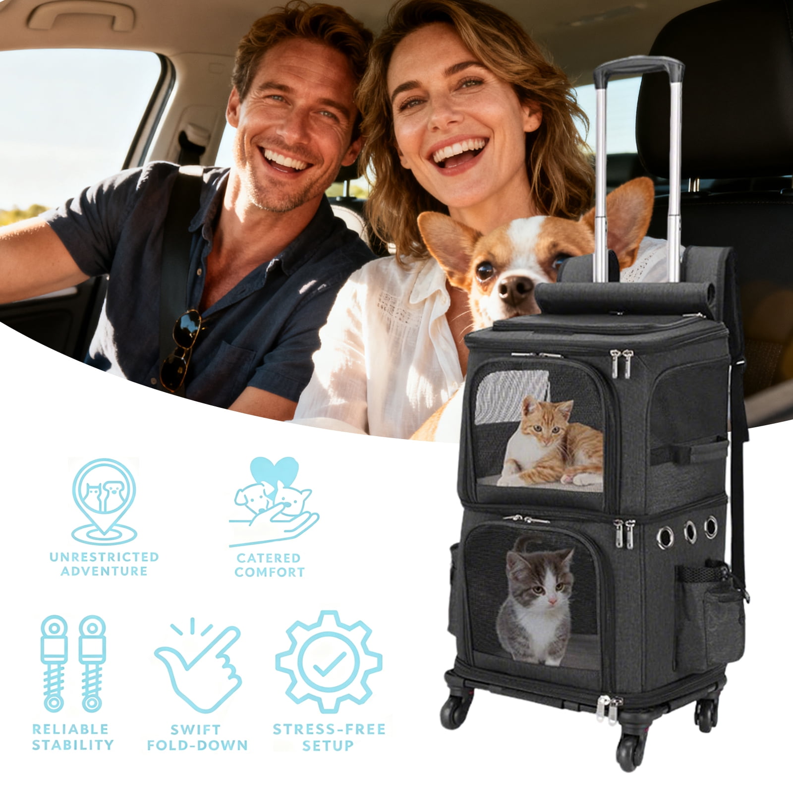 MINGYI Double-Compartment Pet Carrier with Wheels,Dog Backpack Carrier for 2 Small Dogs and Cats,Cat Rolling Carrier for Traveling/Taking a Walk/Trips to The Vet(Black)