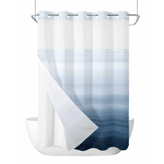 No Hook Shower Curtains with Snap in Liner, Blue Ombre Waterproof Fabric Shower Curtain, Watercolor Abstract Minimalist Art Double Layers & See-Through Top Window Bathroom Curtains 72''x96''