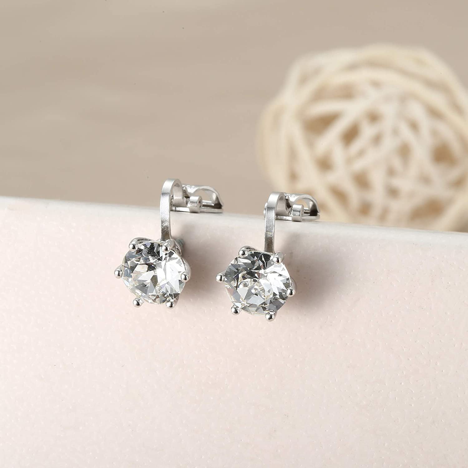 Women Crystal Clip Earrings Round Silver Earrings with Stones Ear Clip Earrings 