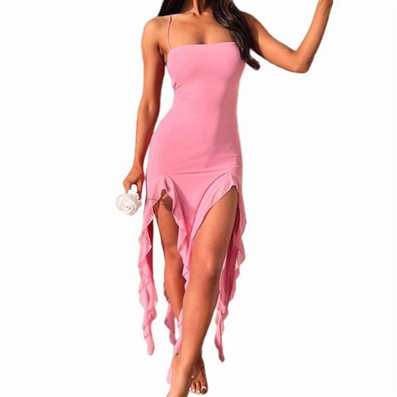 Women Summer Elegant Strapless Tube Midi Bodycon Dresses Irregular Ruffle Tassel Party Dress