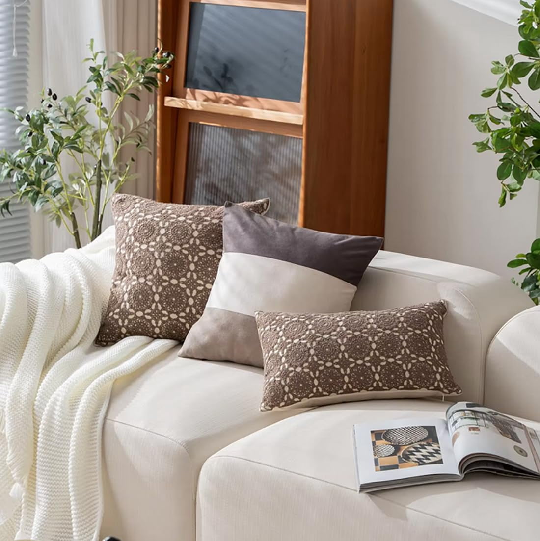 Fennco Styles Embroidered Lace Floral Decorative Throw Pillow Cover 18" W X 18" L – Brown Kaleidoscope Cushion Case for Couch, Sofa, Bedroom, Office and Living Room Décor