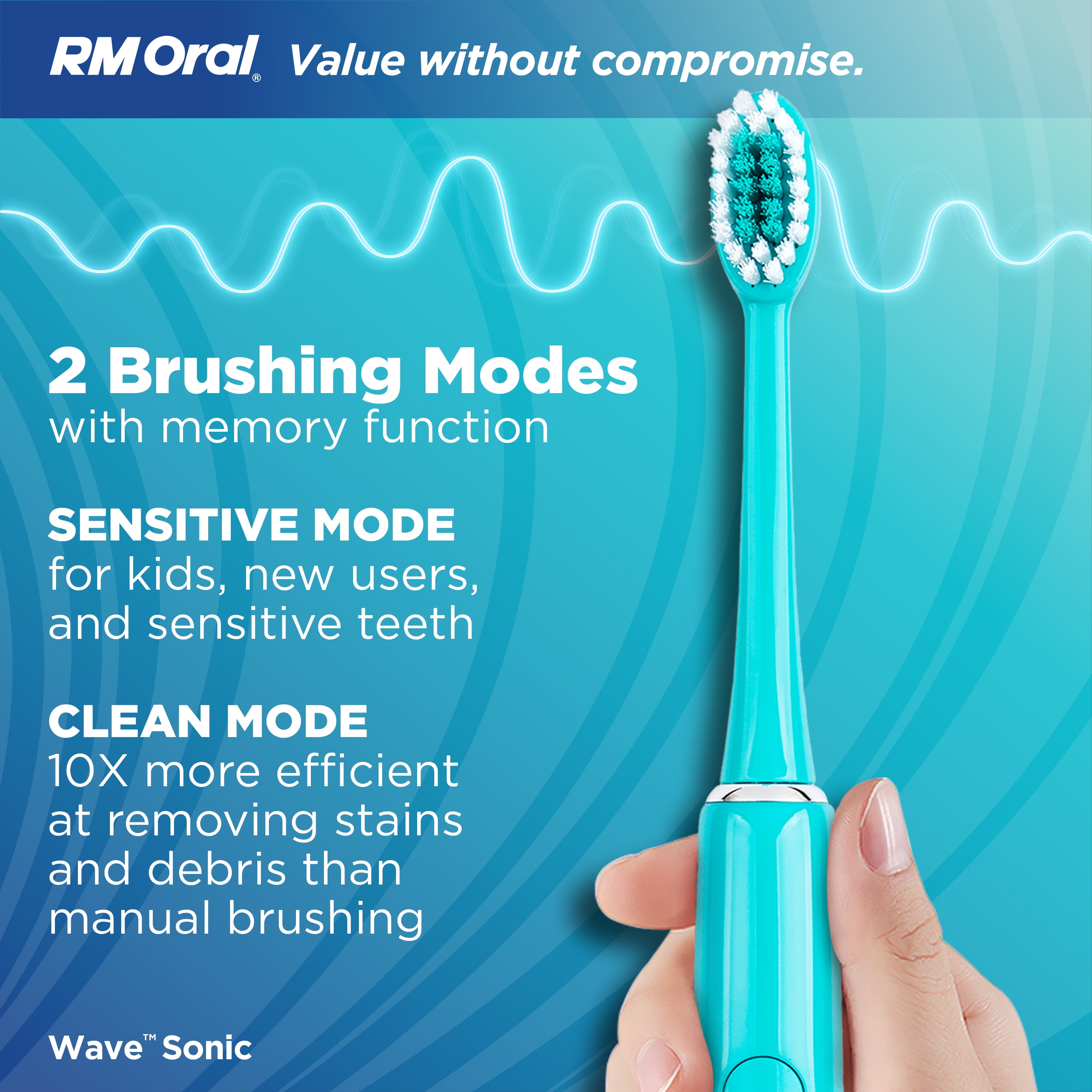 RM ORAL Wave Sonic Battery Toothbrush, Soft Bristles, 56,000 Sonic Vibrations, Travel Case, Aquamarine