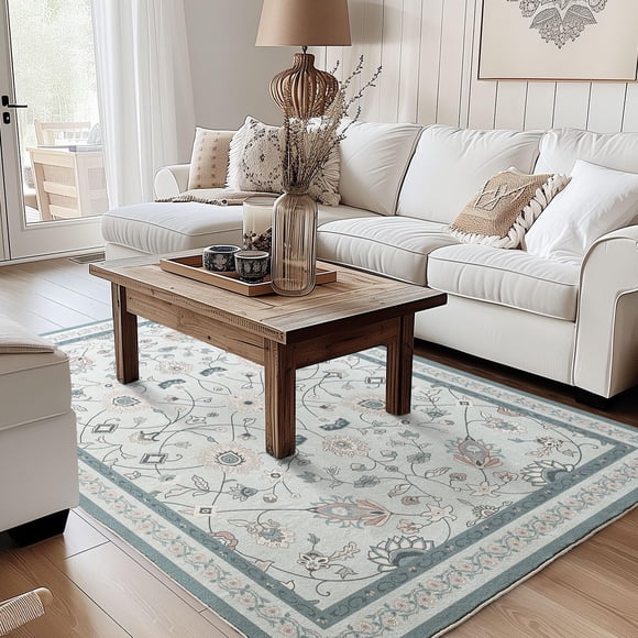 EVERGRACE Area Rugs for Living Room 5x7, Boho Floral Faux Wool Indoor Outdoor Rugs, Washable Rugs for Bedroom Dining Room Entryway Kitchen, Low Pile