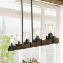 LNC 5-Light Black and Wood Farmhouse Linear LED Chandelier with Seeded Glass