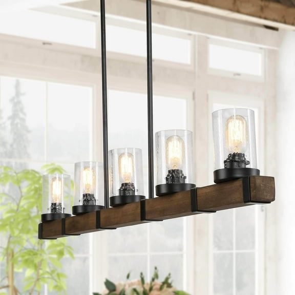 LNC 5-Light Black and Wood Farmhouse Linear LED Chandelier with Seeded Glass