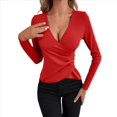 thumbnail image 1 of Camiseta de Larga Ajustada con Escote en V Profundo y Fruncido para Mujer Rojo XL, 1 of 5