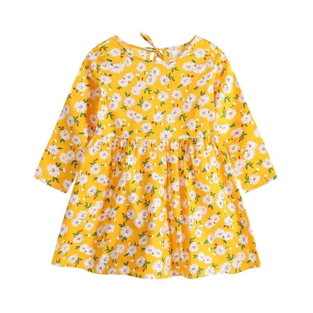 

KONBECA Toddler Girl Outfits Princess Dresses Baby Girls Long Sleeve One-Piece Floral Print Skirt Casual Dress Cotton Dresses Yellow (12-18 Months)