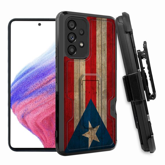 ANJ Rugged Shockproof Hoster Case w/Card Slot, Kickstand Tempered Glass Cover for Samsung Galaxy A33 5G - Puerto Rico Flag on Wood