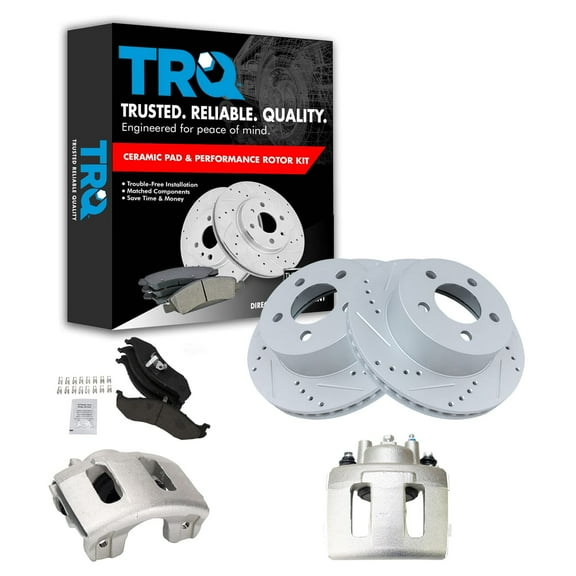 TRQ Front Performance Brake Pad & Rotor Kit Brake Caliper Brake Pads Brake Rotors Set Ceramic Vented Premium G-Coated Fits Select 1999-2001 Jeep Cherokee 1997-2006 Wrangler