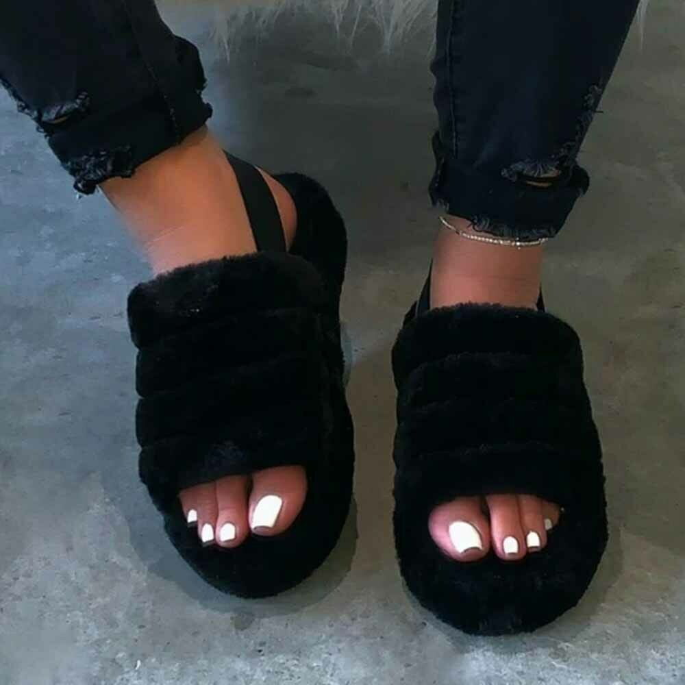 slingback fluffy sliders