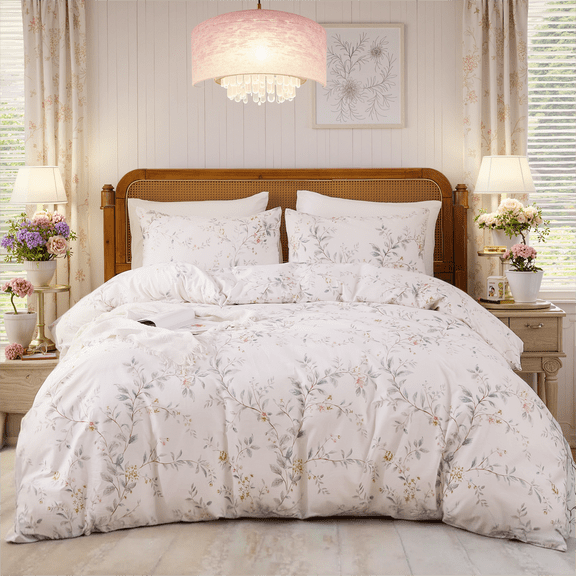 Duvet Cover Set 3-PC Chic Garden Floral Ultra Soft 100% Long Staple Cotton Comforter Cover, Reversible Breathable Duvet Cover with Zipper Closure, Lightweight, All Season