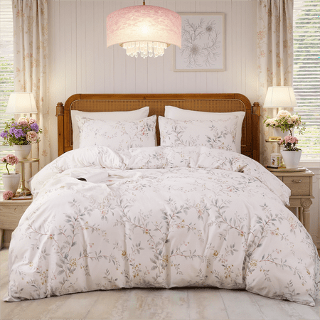 Duvet Cover Set 3-PC Chic Garden Floral Ultra Soft 100% Long Staple Cotton Comforter Cover, Reversible Breathable Duvet Cover with Zipper Closure, Lightweight, All Season