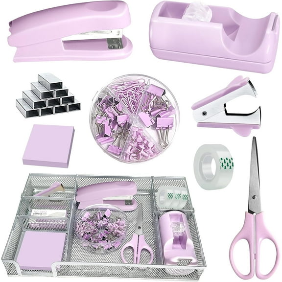 Purple Office Desk Accessories, Purple Office Supplies Set, Stapler and Tape Dispenser Set,Tape,Staple Remover, Staples, Paper Clips, Scissor and Sticky Note,Gifts for Women Office Clerks