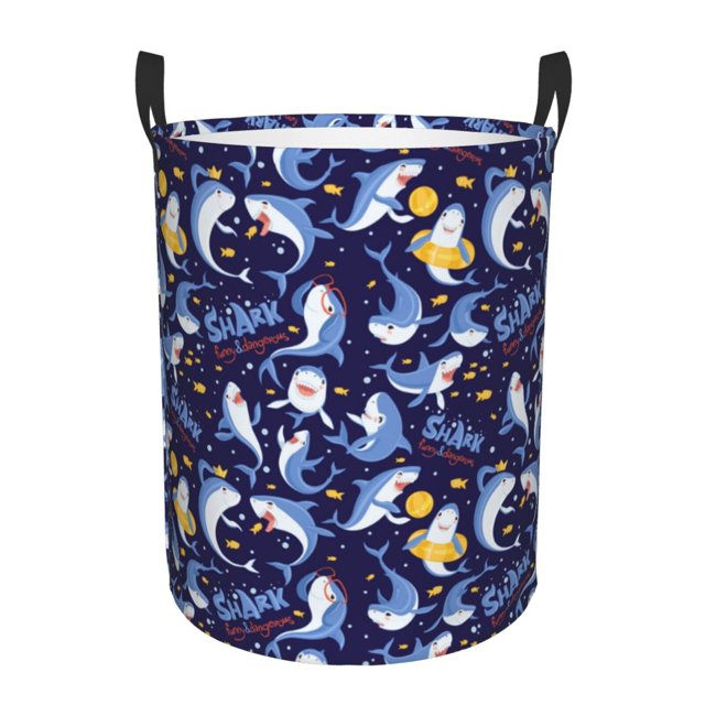 Balery Cute Shark Cesta de ropa redonda con asas, impermeable, independiente, para ropa, juguetes, dormitorio y familia-Small