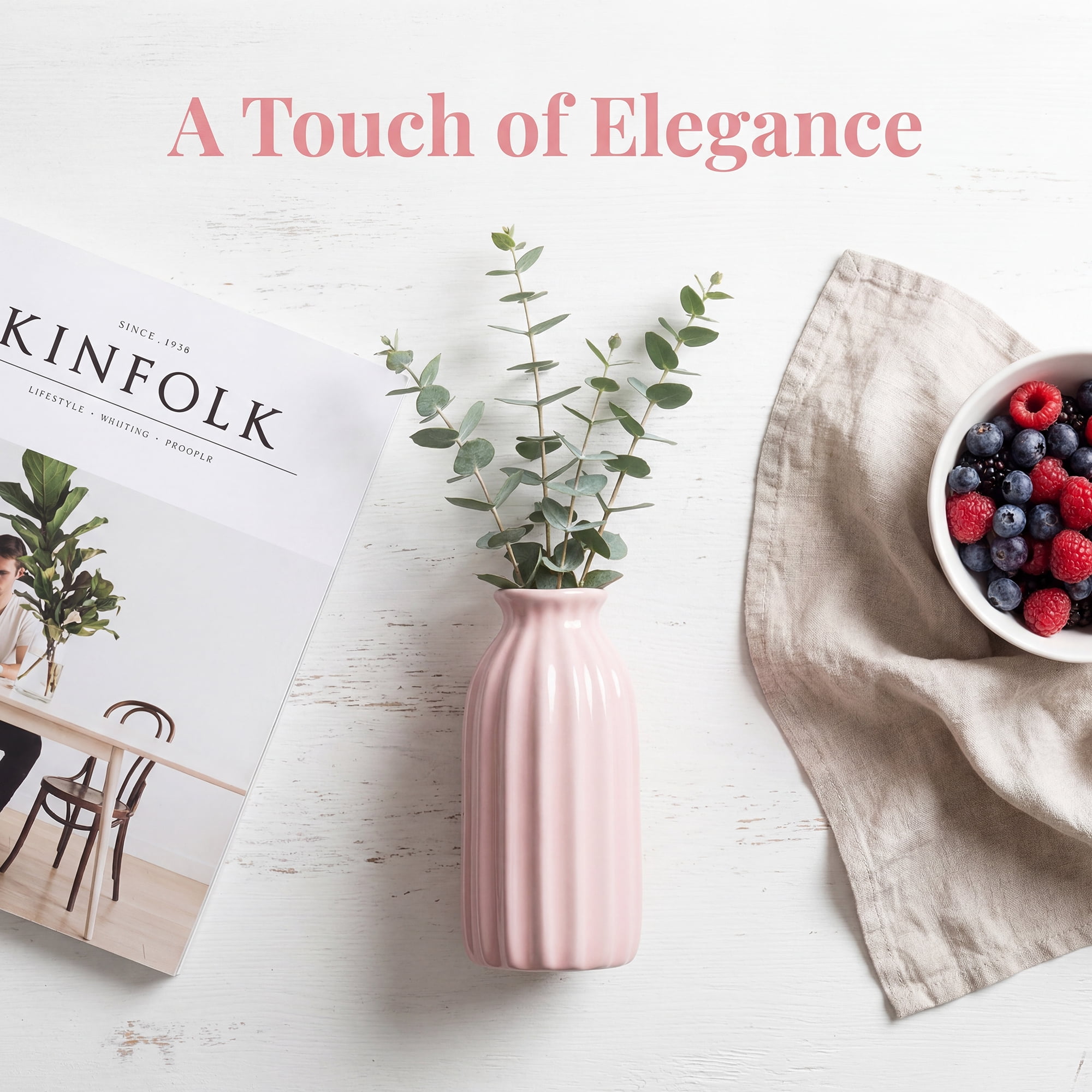 Unique Bargains Small Ceramic Vase Matte Ribbed Decorative Flower Vase for Bathroom Pink