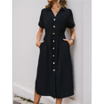 thumbnail image 6 of Women'S Solid Color Dress Summer Casual Short Sleeve Button V Neck Dresses Long Beach Shirt Dress with Pockets Black S, 6 of 7