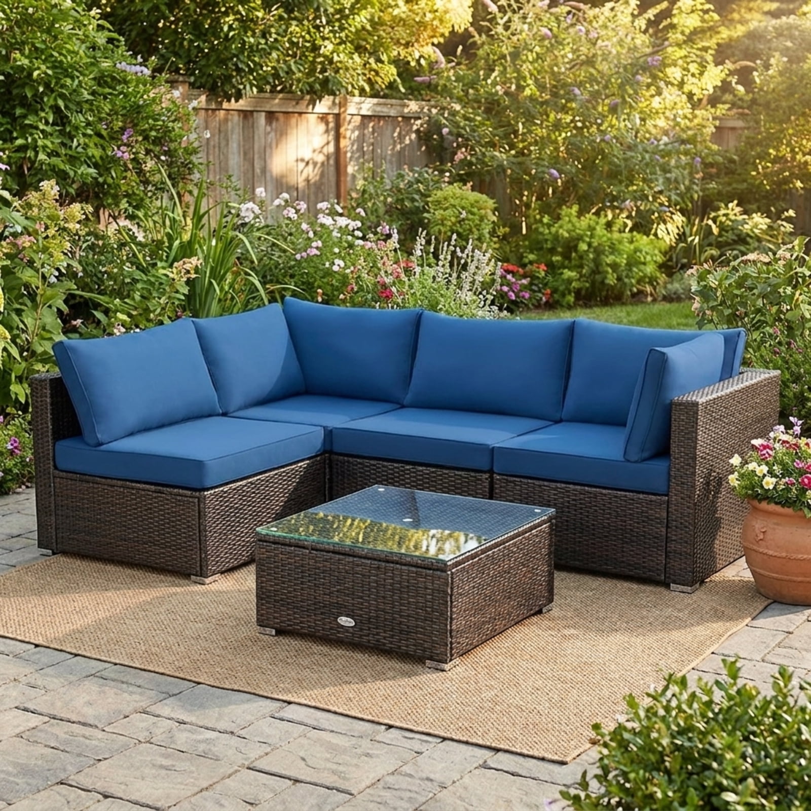 Biotree Patio Furniture Set 5 Piece Cushioned Rattan outdoor sectional with glass table outdoor conversation set for garden backyard porch, Navy