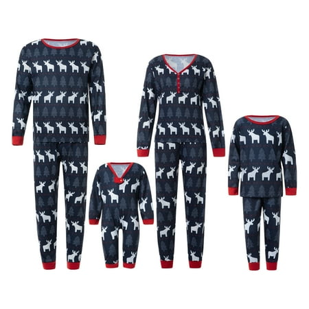 

Amuver Christmas Family Matching Pajamas Reindeer Print Long-Sleeve Tops with Pants Suit for Father Mother Kids Baby Blue