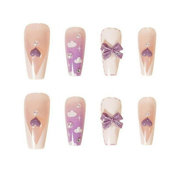 24 Uds. De uñas postizas de estilo dulce, postizas, extraíbles, usables, nubes moradas