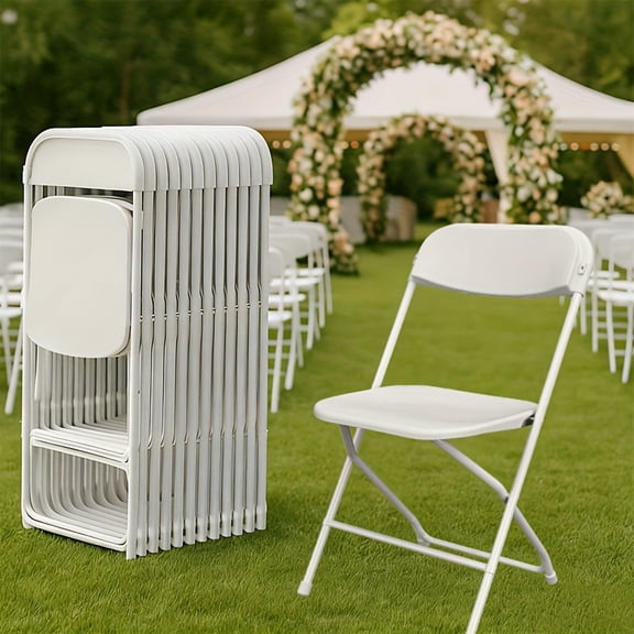 10/24/50 Pack White Folding Chairs, 350 Lbs Capacity Reinforced Plastic Chairs, Steel Reinforced Frame, Commercial Grade Stackable Chairs for Indoor Outdoor Weddings Offices Banquets
