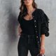 thumbnail image 3 of Blusa negra de manga larga con mangas abullonadas para citas de mujer, talla M Chaqueta elegante con volantes y cuentas, 3 of 6