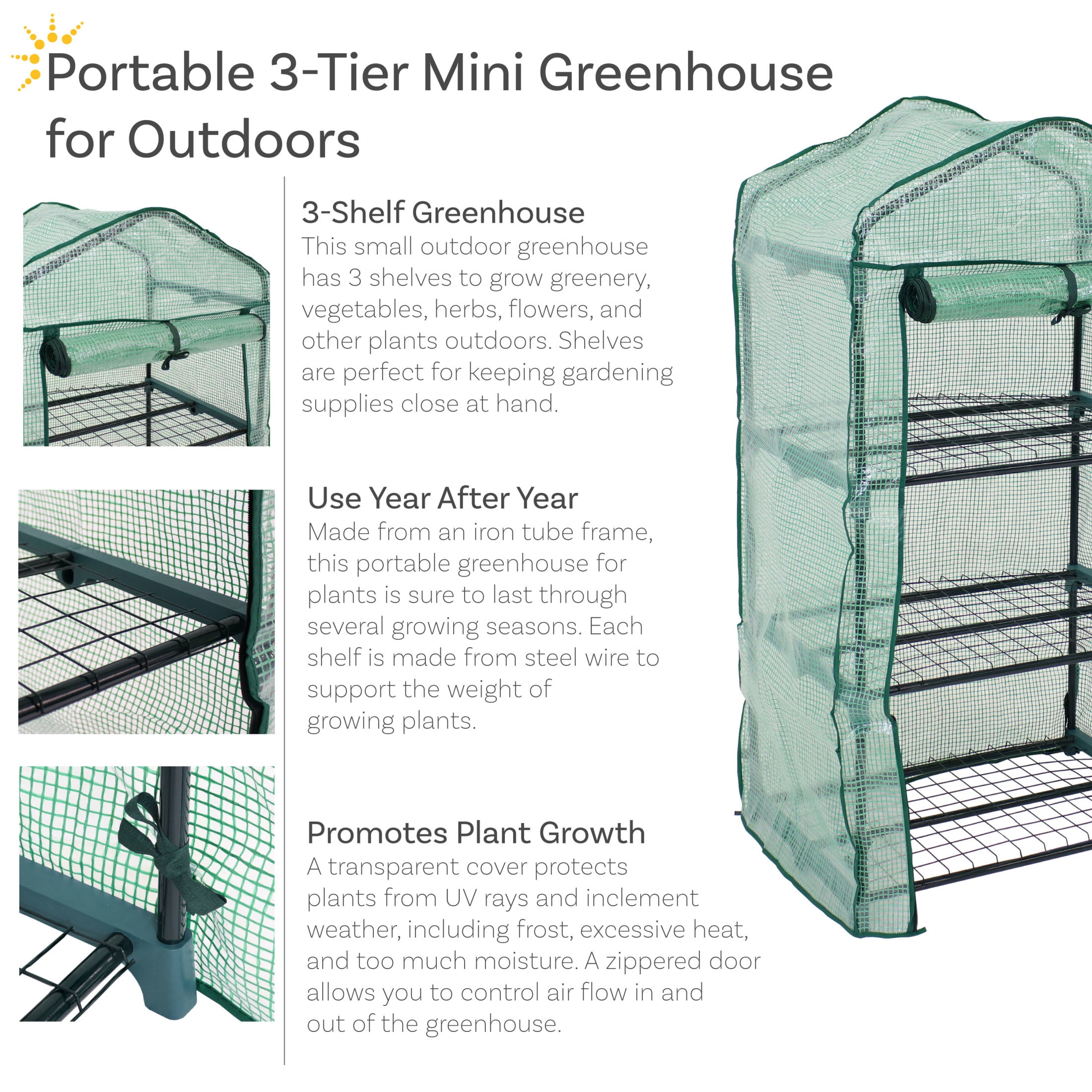 Sunnydaze 2' x 1.5' x 4' Outdoor Portable 3-Tier Mini Greenhouse, Green Cover