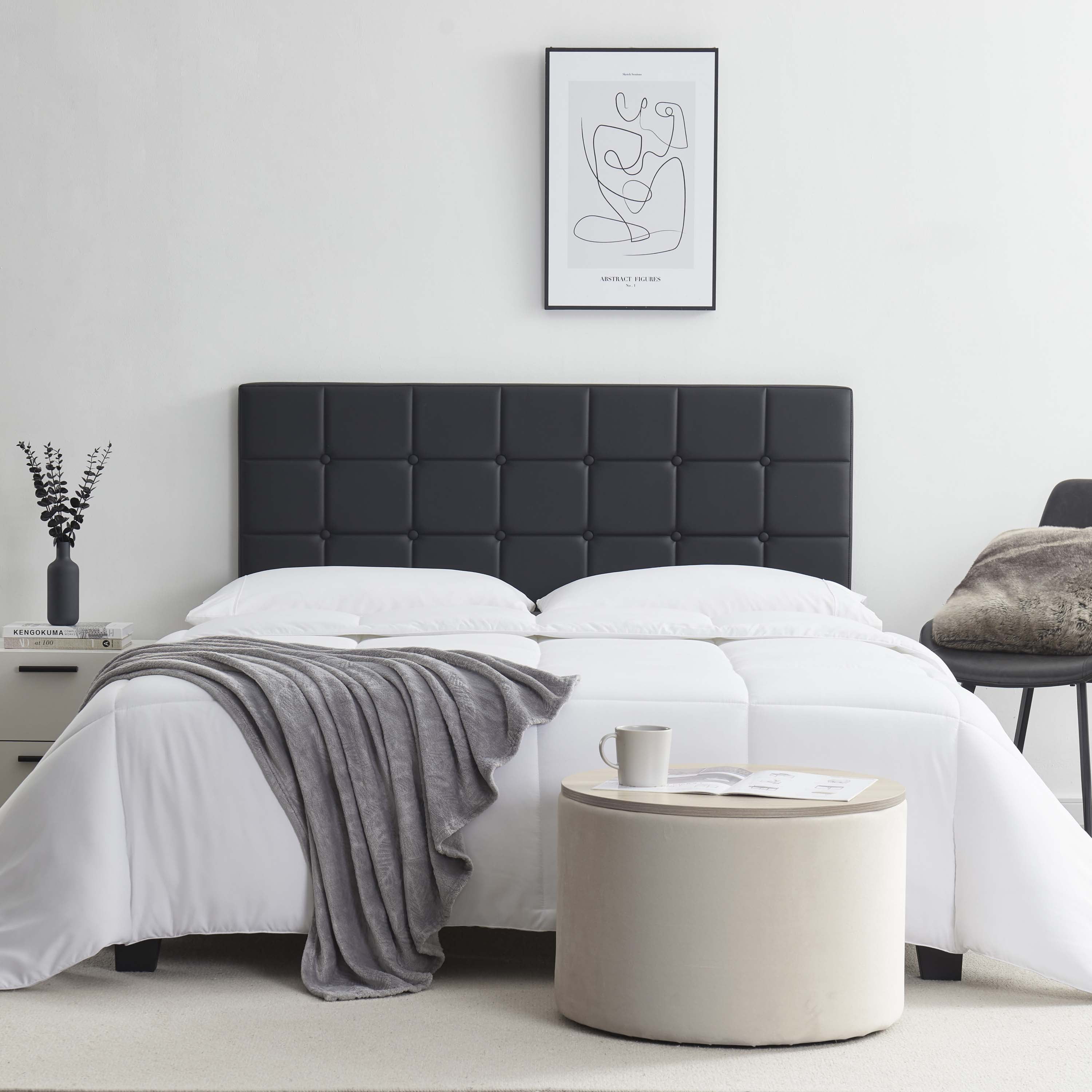 LammaLoe Faux Leather Button Square Tufted Full Headboard with Adjustable Height, Black, Full