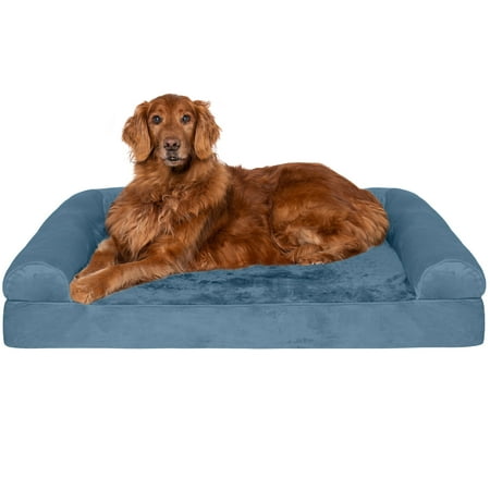 UPC: 0842229104998 | FurHaven Pet Products Faux Fur & Velvet Orthopedic Sofa Pet Bed for Dogs & Cats – Harbor Blue Jumbo