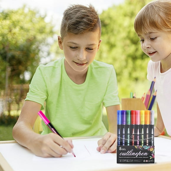 8 Couleurs Marqueurs Contour, Marqueurs à Double Ligne Scintillante, Auto-Contour, Croquis DIY, pour Cartes de Vœux Écriture Artistique, à Base d'Eau, Non Toxique, Facile à Utiliser