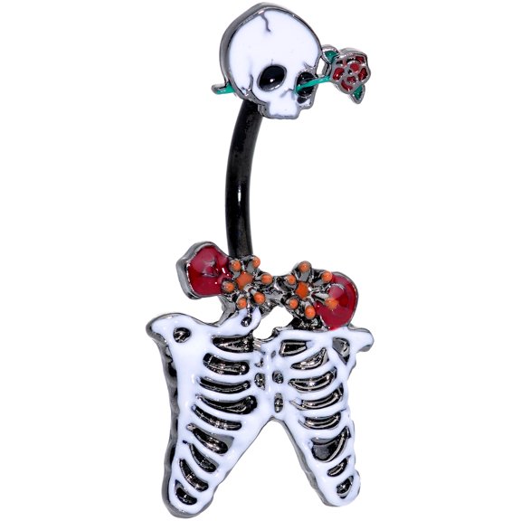Body Candy Womens 14G Black PVD Steel Navel Ring Piercing Skeleton Skull Rose Double Mount Belly Button Ring