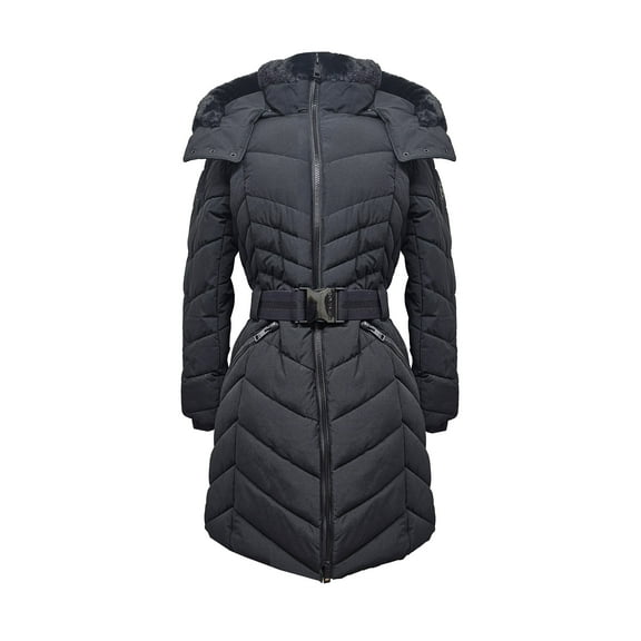 Michael Michael Kors Women's Chevron 3/4 Belted Scuba Coat w/ Removable Hood, Black, Medium