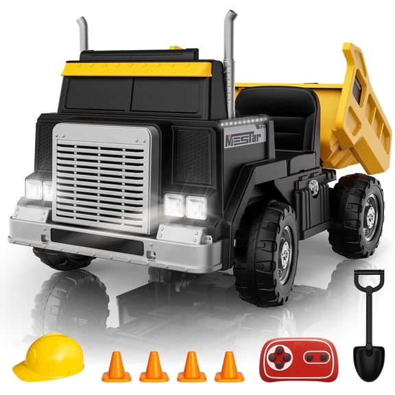 OP60 24V Ride On Dump Truck for Kids, 2×200W Motor, 4WD/2WD, Up to 5 MPH, Remote Control, Electric Dump Bed & Extra Shovel, 24'' Wide Seat, Ride-On Construction Vehicle, Battery Powered