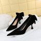 thumbnail image 3 of Nuevos zapatos de tacón dulce para mujer, zapatos de boda finos para mujer, tacón alto de gamuza, boca baja, puntiagudos, lazo de colores, bombas individuales, 3 of 5