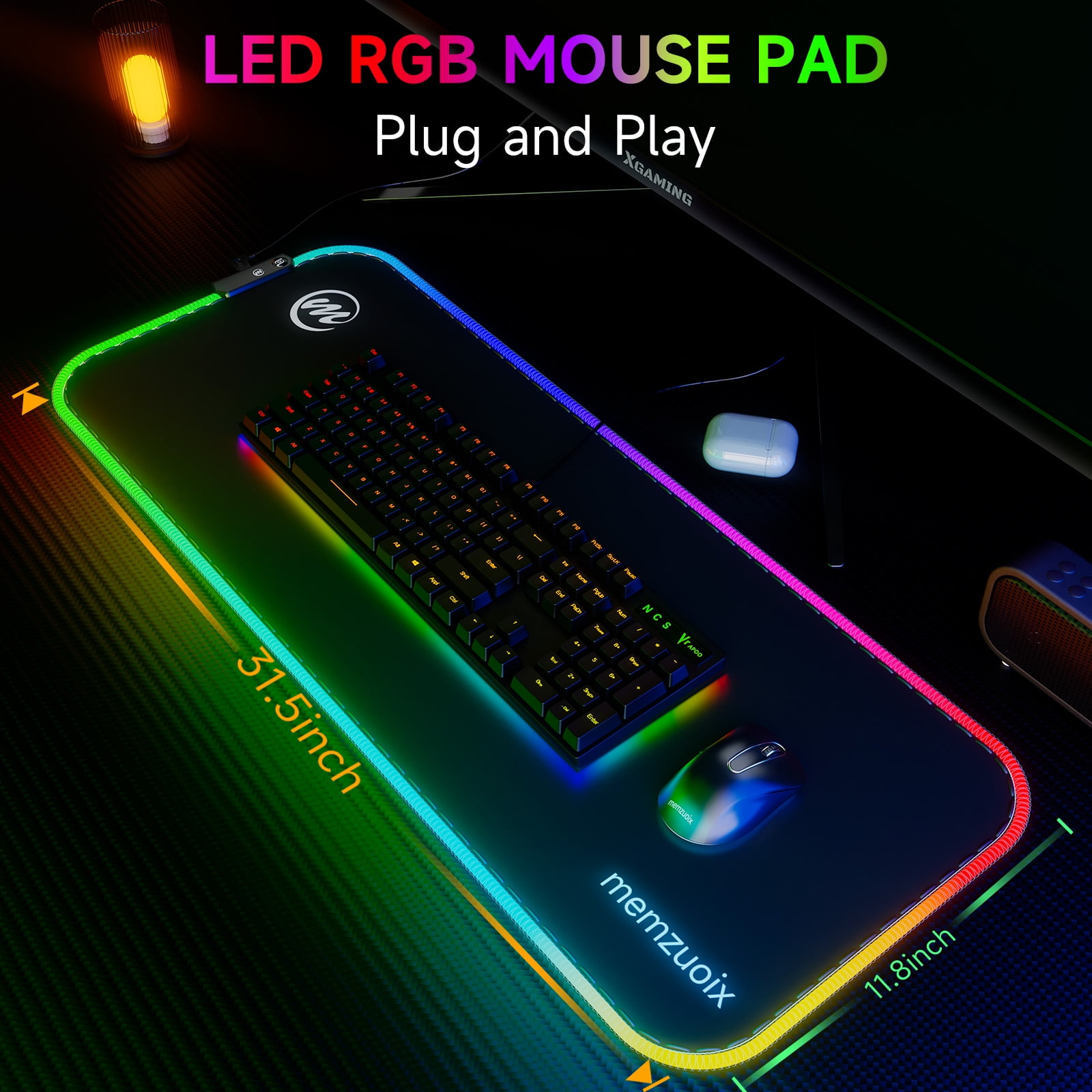 memzuoix LED Mouse pad 31.5×11.8 Inch, Large RGB Glow Gaming Mouse Pad for Computer, 12 Cool Lighting Modes, Anti-Slip Base, Waterproof, Stain Resistant, Desk Mouse pad for Wireless mouse, Black