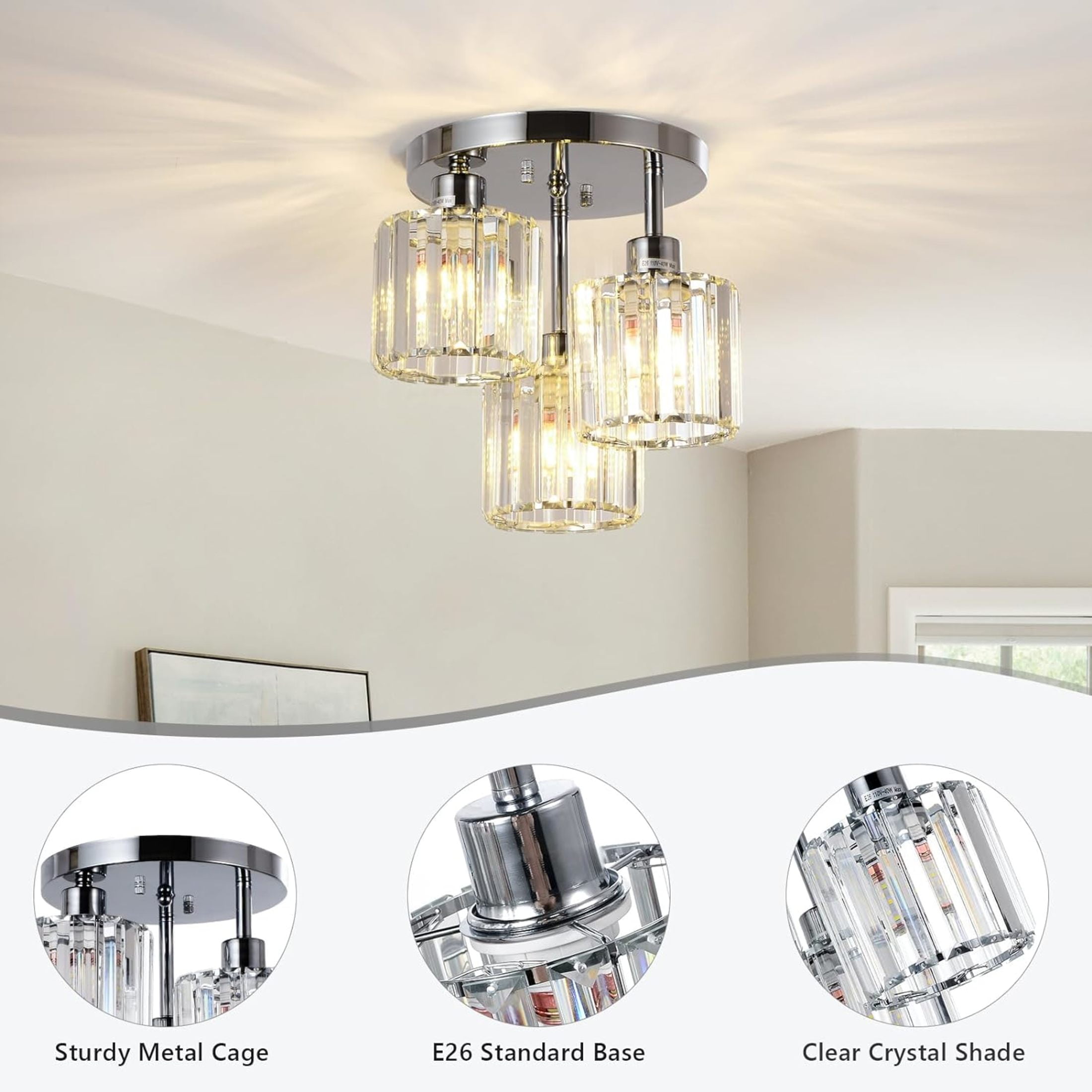 Noble House 13" Crystal Semi-Flush Ceiling Light, Modern Metal Frame, 3-Light E26, Clear Crystal Shade, Silver