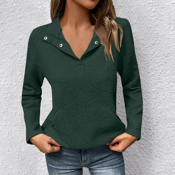 HLKJKLS Long Sleeve Shirts For Women Textured Long Sleeve Button V Neck Loose Pullover Sweatshirt Polyester Cotton Blend Green S-Xl