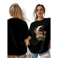 thumbnail image 7 of Women's T-Shirt Moon Mushrooms Flowers Short Sleeve Casual Tee Classic Crew Neck T Shirt for Women Black, M, 7 of 7