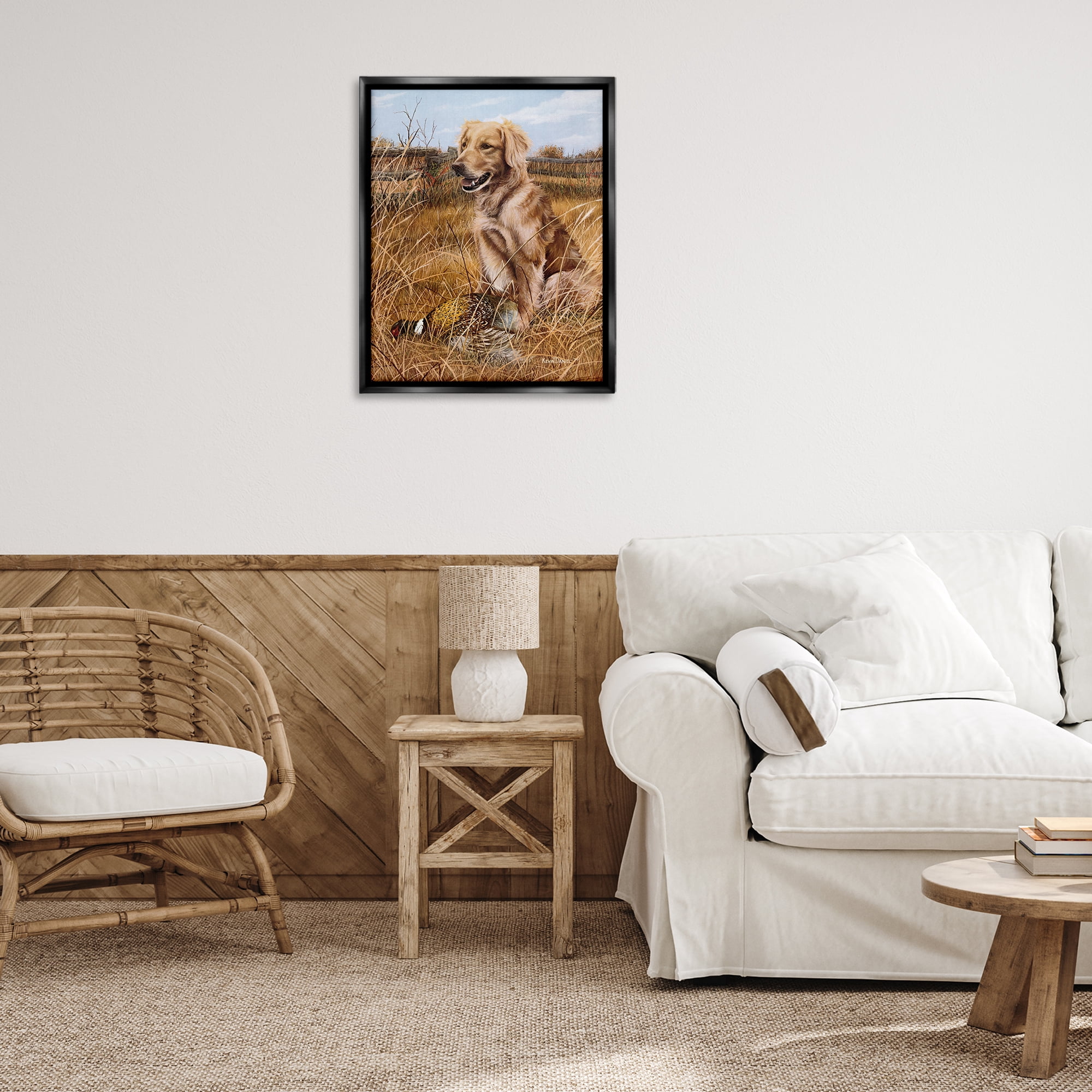 Stupell Industries Hunting Dog & Pheasant Animals Painting Black Floater Framed Canvas Art Print Wall Art, 25 x 31