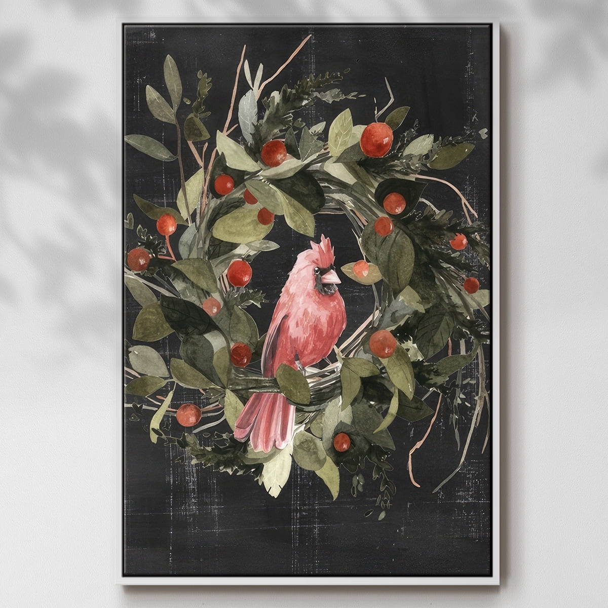 Christmas Cardinal II - Framed Gallery Wrapped Holiday Canvas - 27 x 41 - White Frame