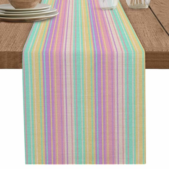 Pastel Colors Vertically Striped Table Runner-70 Inch Long Modern Vintage Linen Table Runners Linen Burlap Tablerunner for Kitchen Dining Room Holiday Party