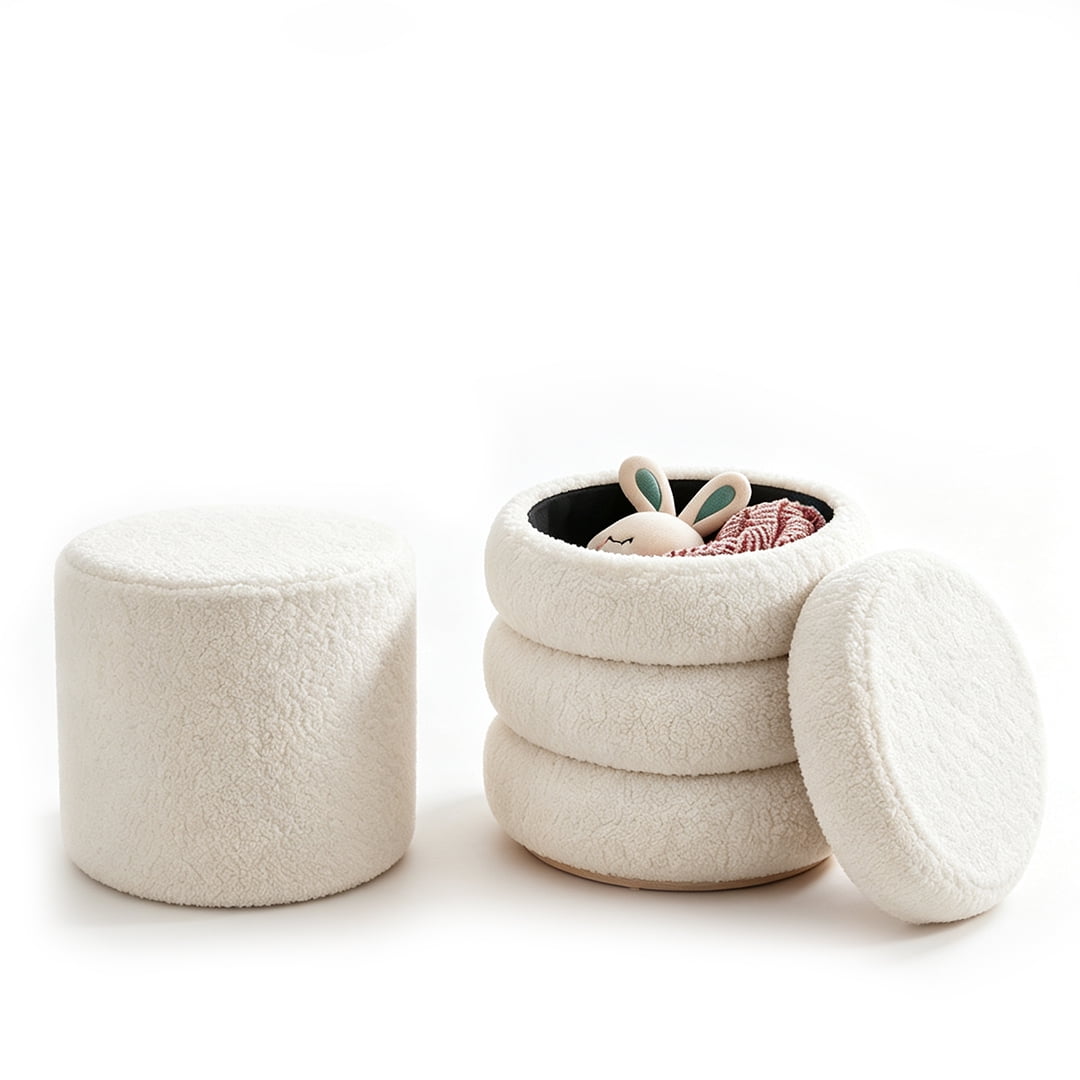 Round Ottoman with Storage Boucle Ottoman Storage Removable Lid for Living Room Modern Vanity Sorage Stool Foot Rest Bedroom
