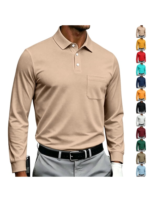 Mens Polo Shirt 3 Button Placket Lapel Collar Men Long Sleeve Shirt Business Casual Mens Golf Polo Shirts Tennis Shirt with Pocket White L